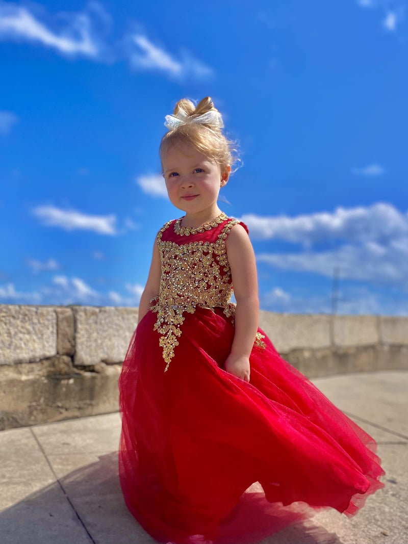 WDE Formal Little Girls Long Pageant Dresses Prom Ball Gown Gold Lace Burgundy Tulle Size 6 - Image 4